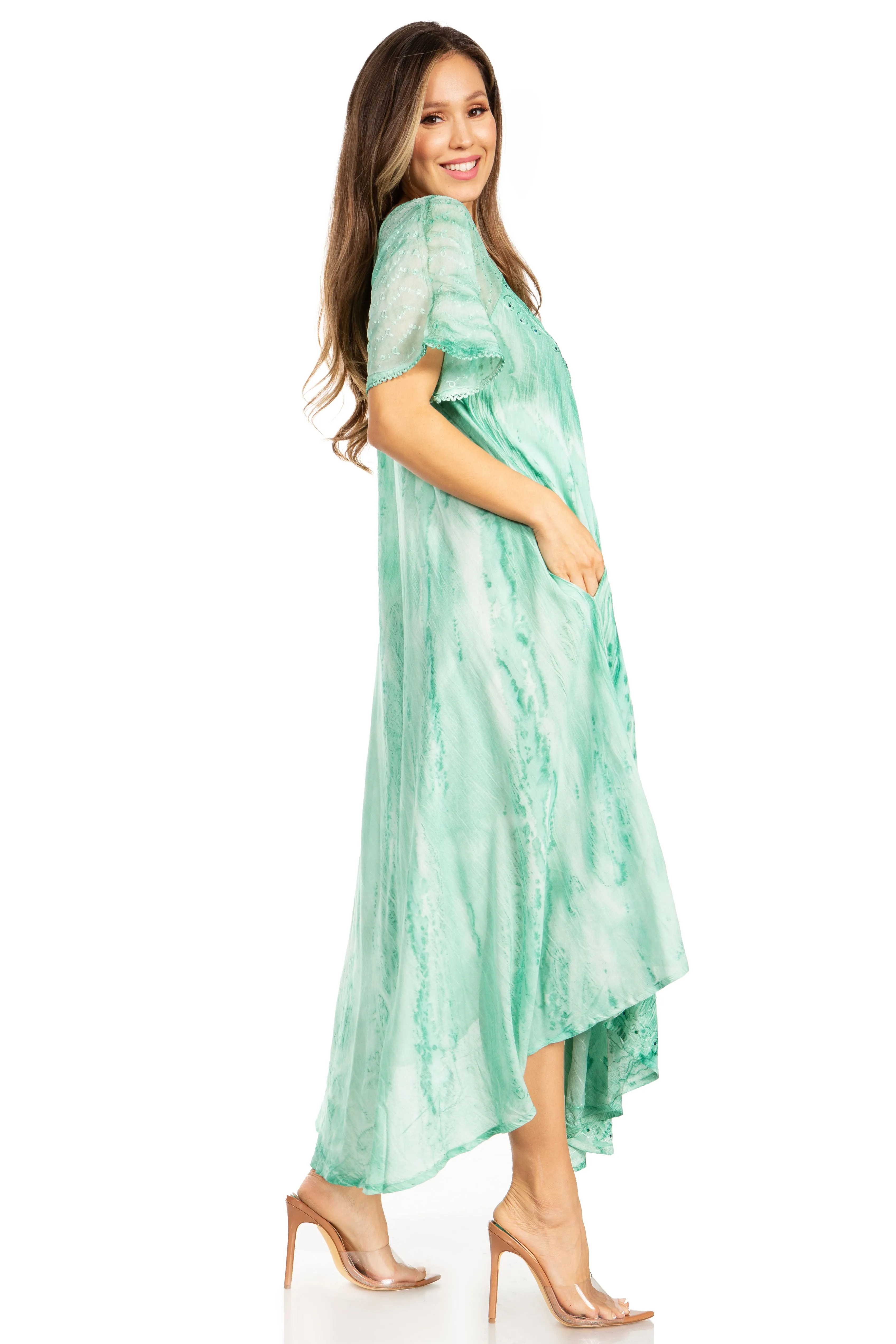 Sakkas Myani Two Tone Embroidered Sheer Cap Sleeve Caftan Long Dress | Cover Up