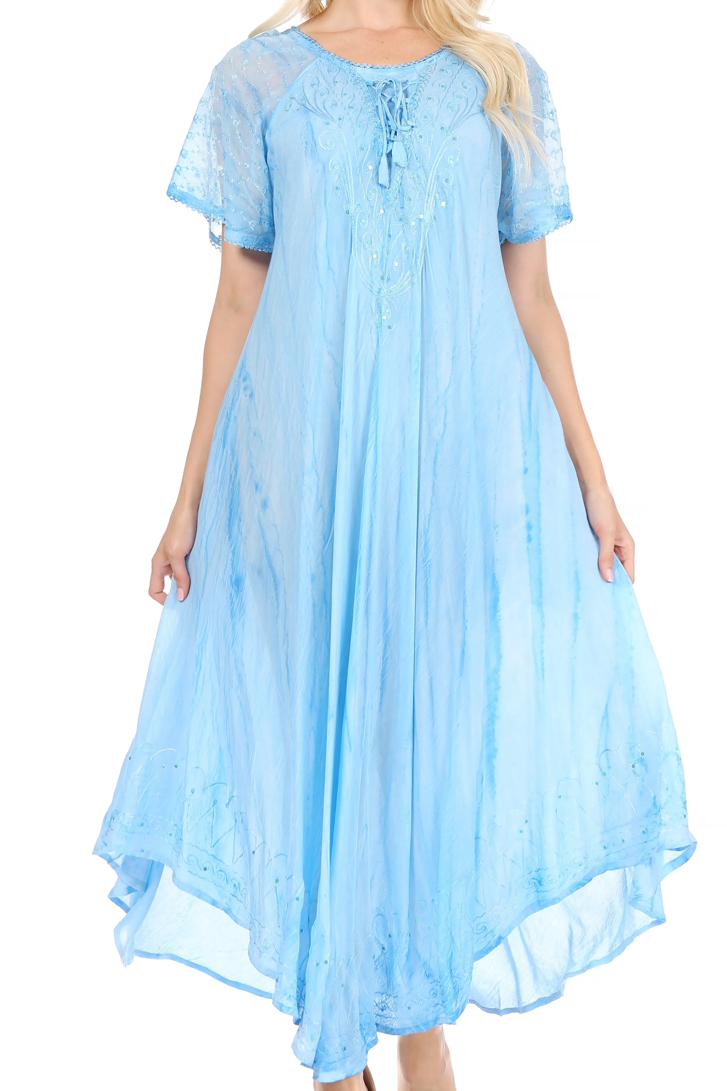 Sakkas Myani Two Tone Embroidered Sheer Cap Sleeve Caftan Long Dress | Cover Up