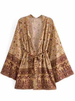 Short Kimono With Floral Print Brown Color Rayon Material Gown Robe Kimono