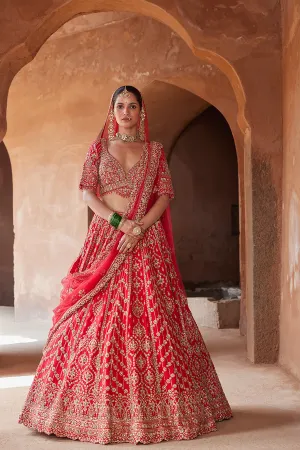 VIBRANT RED RAW SILK LEHENGA CHOLI SET