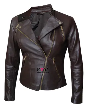 Women Slim Fit Motorcycle Brown Leather Jacket